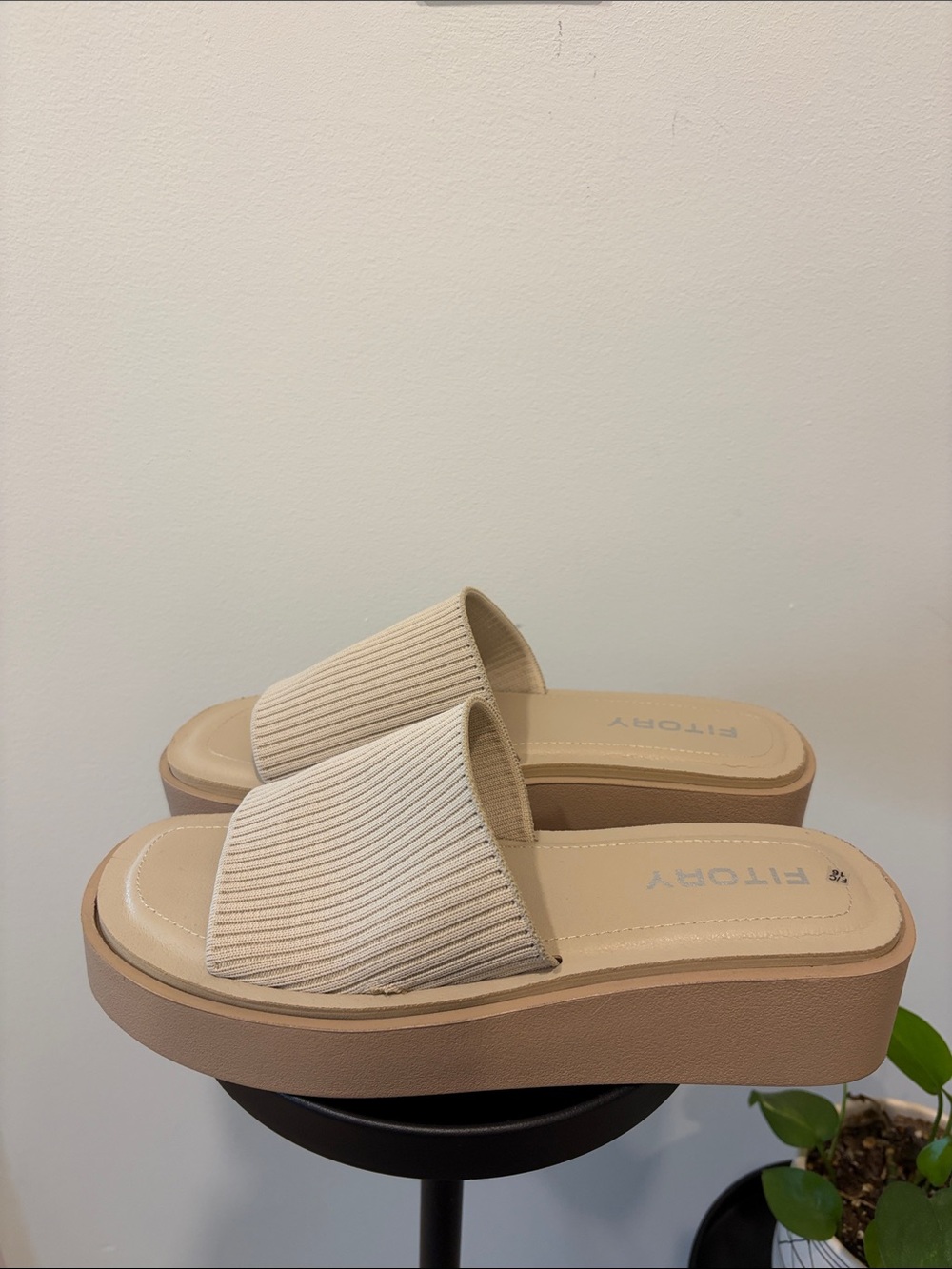 Beige Ribbed Stretch Platform Slide Sandals - Picture 2 of 7